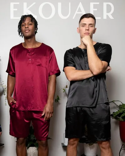 Vista 5 de Ekouaer Conjunto de pijama de manga corta para hombre, satén