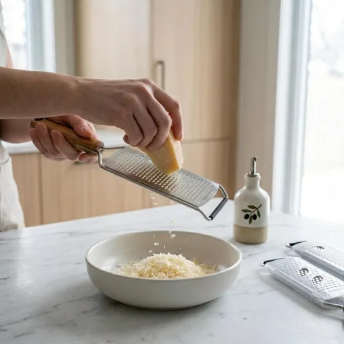 Vista 9 de NAZANIN Juego de rallador y rallador de queso de acero inoxidable de 3 piezas con asas de madera de acacia, para parmesano, ralladura de limón