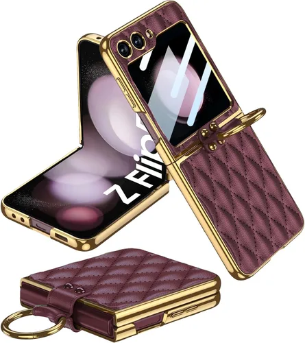 Vista 8 de Miimall Con protector de pantalla compatible con Samsung Z Flip 5, funda de cuero con soporte de anillo, cubierta trasera de cuero romboide de lujo
