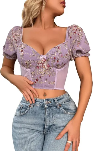 Vista 4 de SweatyRocks Top corto de gasa con estampado floral y manga corta abombada y cuello corazón para mujer