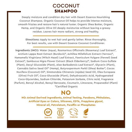 Vista 4 de Desert Essence Champú de coco, 8 onzas líquidas, sin gluten, vegano, sin parabenos, nutritivo para cabello seco con aceite de coco, manteca