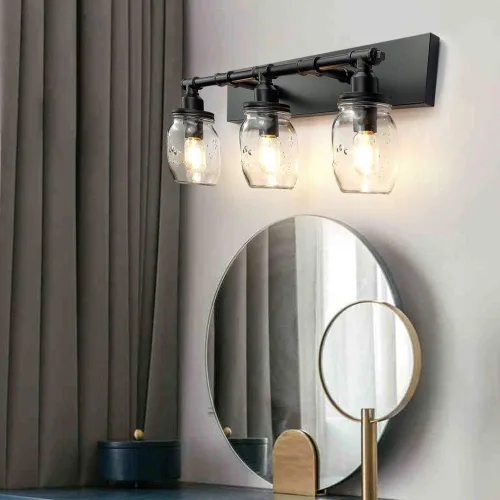 Vista 5 de Lámpara de pared para baño, lámpara industrial de tarro de masón, aplique de pared con acabado negro (3 luces)
