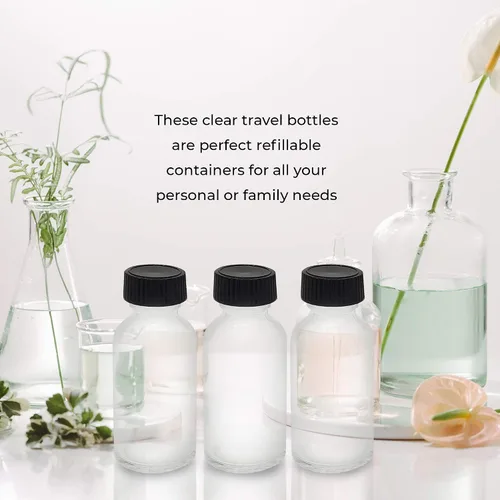 Vista 4 de Paquete de 6 botellas redondas de vidrio Boston transparente de 1 oz con tapa negra Durable Boston Round Glass , Black caps , Clear Glass Bottles