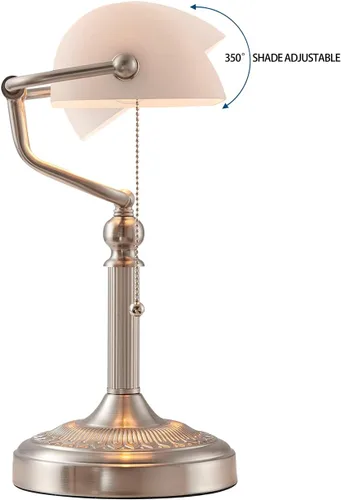 Vista 5 de Lámpara de escritorio Newrays de cristal blanco satinado con interruptor de cadena y enchufe en el soporte, base de níquel arena Interruptor