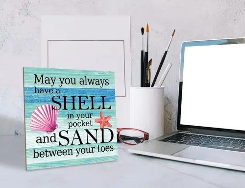 Vista 4 de Letrero de madera con texto en inglés "May You Always Have a Shell in Your Pocket and Sand between Your Toes", letrero de playa de madera