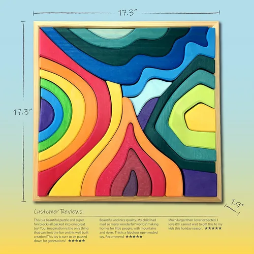 Vista 6 de Bloques de arco iris XL de cuatro elementos, juguetes de madera para niños, rompecabezas de construcción geométrico, juego educativo de volcán/casa