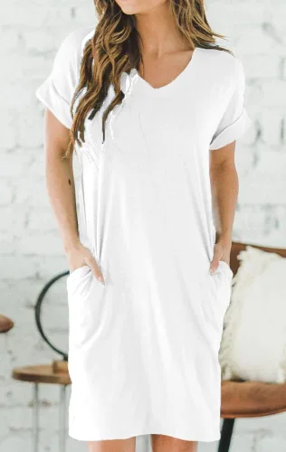 Vista 2 de Vestidos casuales de verano sueltos para mujer con bolsillos, cuello en V, vaporoso, vestido de playa, manga con puños, cómodo