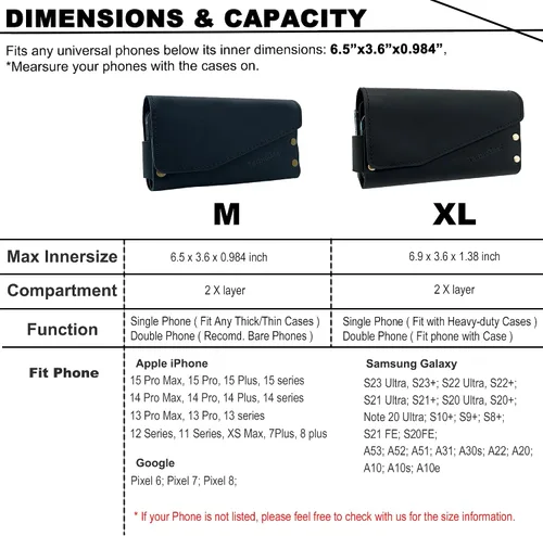 Vista 5 de Funda de cuero doble para teléfono para dos teléfonos, funda de teléfono doble para hombre, cinturón con clip para cinturón para iPhone 16 Pro Max
