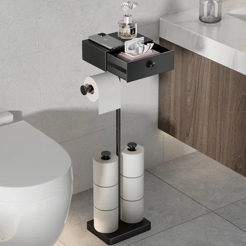 Vista 8 de VOLDRA Soporte de papel higiénico con estante negro dispensador de toallitas para baño Soporte de papel higiénico con cajón de diseño