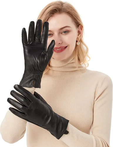 Vista 3 de Guantes de piel de oveja genuina para mujer, guantes de invierno cálidos para pantalla táctil, con forro de cachemira, guantes de vestir