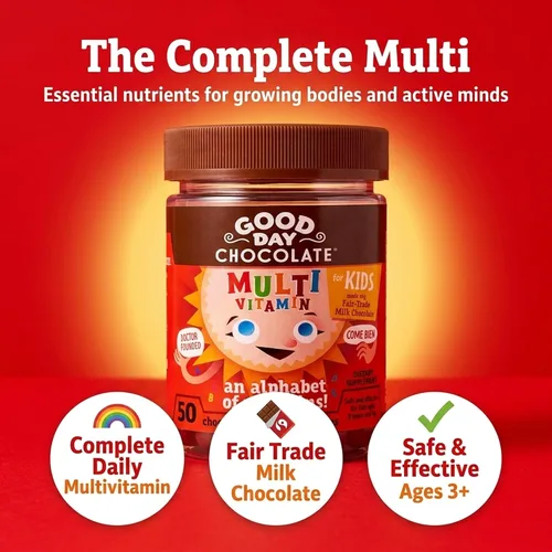 Vista 3 de Good Day Chocolate Multivitamínico completo para niños, suplemento diario de vitaminas A, B6, B12, C, D, E, folato y biotina, chocolate de comercio