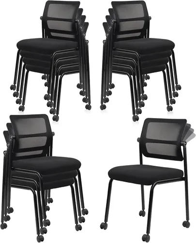Vista 11 de CLATINA Silla de oficina apilable de malla con ruedas, sin brazos, silla apilable con soporte lumbar ergonómico y cojín de asiento de cuero