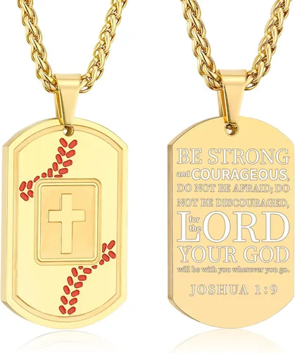 Vista 37 de Collar de cruz con versículo bíblico de béisbol, acero inoxidable, dije de cruz en tono negro/dorado/plateado, regalos religiosos, joyería deportiva
