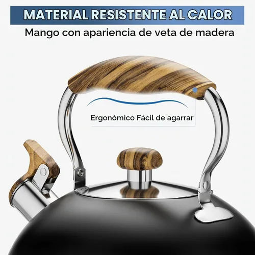 Vista 6 de Hervidor de té silbante de 2.6 cuartos de galón para estufa, de acero inoxidable de grado alimenticio con mango de madera con patrón fresco Negro
