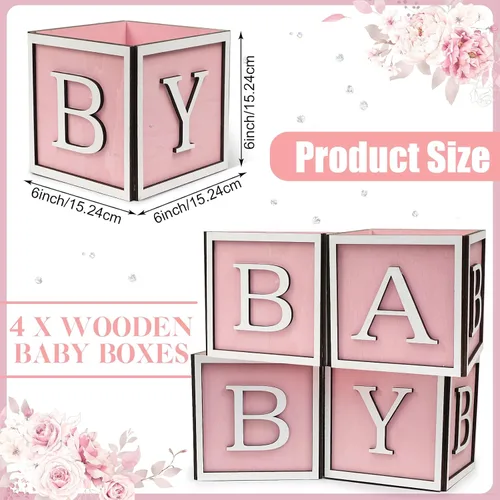 Vista 2 de Juego de 4 centros de mesa de baby shower para mesas, cajas de madera de 6 pulgadas con letras de bebé, cubos rústicos, bloques de madera para Rosa