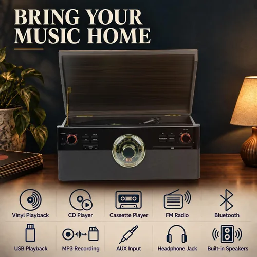 Vista 6 de Reproductor de discos 10 en 1 con reproductor de CD y cassette, grabación MP3 directa a USB, Bluetooth, radio FM, tocadiscos de 3 velocidades