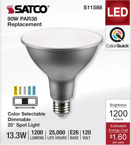 Vista 3 de Satco S11588; LED PAR38 de 13.3 vatios; base media; acabado plateado; CCT seleccionable; 120 voltios; ángulo de haz de 25 grados