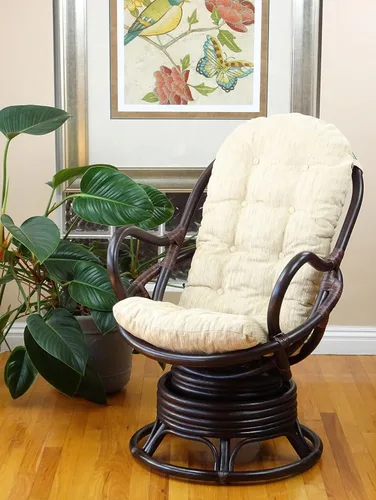 Vista 6 de Salón giratorio mecedora Java silla de mimbre natural de ratán con cojín crema, color marrón oscuro