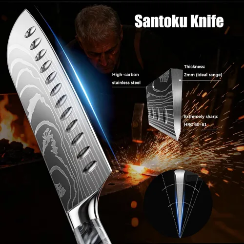 Vista 3 de Cuchillo Santoku de 7 pulgadas, diseño bonito, acero de alto carbono Negro