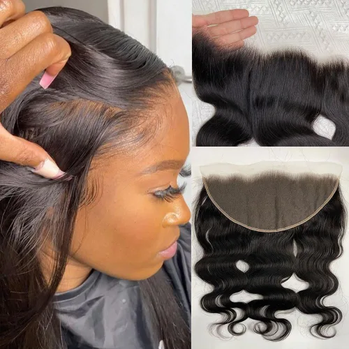 Vista 9 de 13x4 Frontal de encaje ondulado del cuerpo, frontal de encaje suizo transparente HD invisible prearrancado con cabello de nacimiento de grado 12A