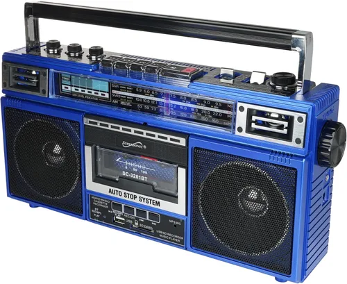 Vista 8 de Supersonic SC-3201BT - Boombox de radio de 4 bandas y reproductor de cassette, altavoz Bluetooth, radio AM/FM/SW con reproducción de MP3, tarjeta