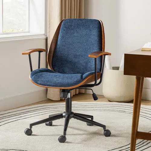 Vista 10 de HULALA HOME Silla de oficina de madera maciza con función de balanceo, silla de escritorio cómoda de tela con base de madera curvada y metal, silla