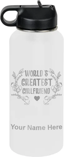 Vista 30 de LaserGram Botella de agua personalizada, World's Greatest Girlfriend, acero inoxidable de doble pared aislada al vacío con popote superior, regalo