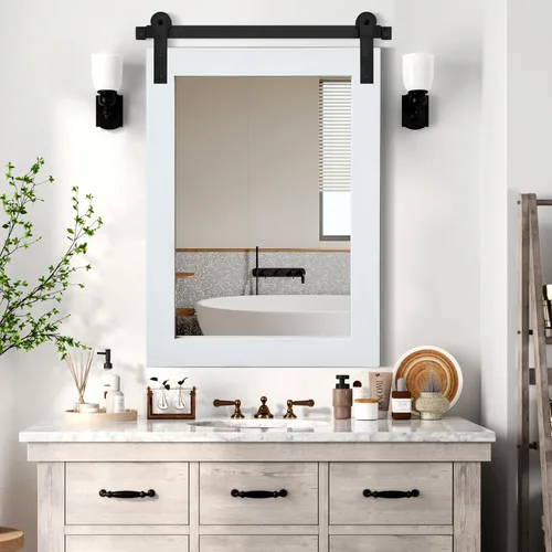 Vista 14 de COGOOD Espejo de puerta de granero de granja, 25 x 18 pulgadas, espejo decrativo con marco de madera rústica para baño, sala de estar, decoración