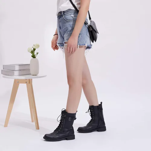 Vista 6 de Vepose Botas de combate militares de 28 a media pantorrilla para mujer con bolsillo tipo billetera para cuchillo de tarjetas