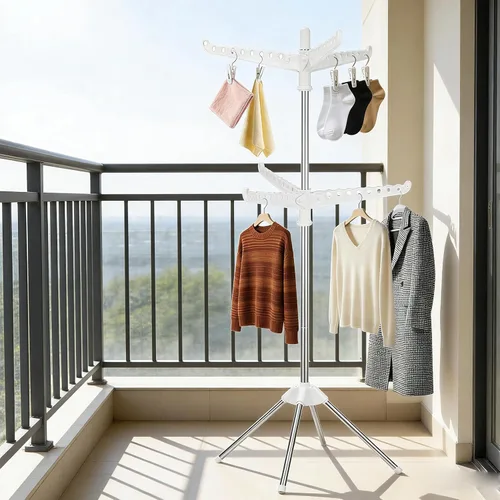 Vista 6 de Tendedero de secado de ropa giratorio y plegable de 2 capas de acero inoxidable de 75 pulgadas con 6 brazos giratorios, soporte independiente de 4