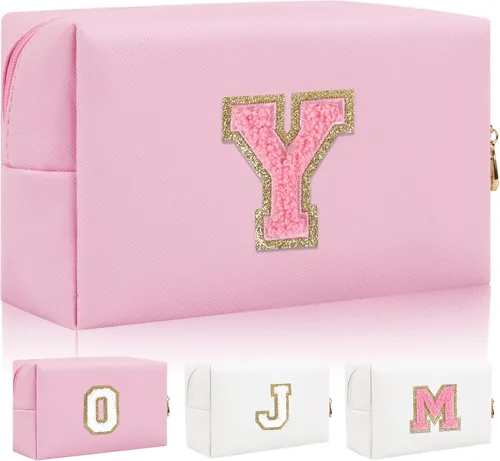Vista 22 de Bolsa de maquillaje con parche de letra inicial personalizada, bolsa de cosméticos de chenilla preppy con letra de chenilla con cremallera, Y