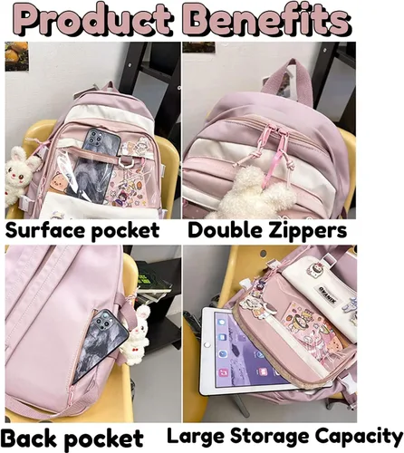 Vista 3 de MBVBN Mochila Kawaii con bonito colgante de felpa con tarjeta Kawaii mochila escolar linda mochila estética para niñas adolescentes suministros