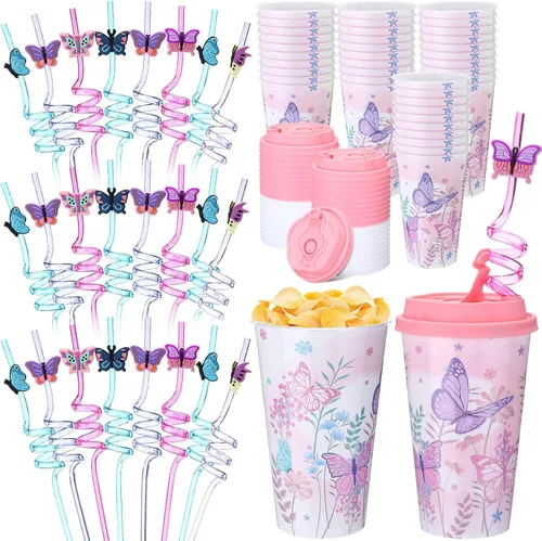 Vista 12 de Yungyan 16 juegos de tazas de golosinas con tapas y pajitas para decoraciones de cumpleaños, reutilizables, 16 onzas, vasos de plástico para dulces