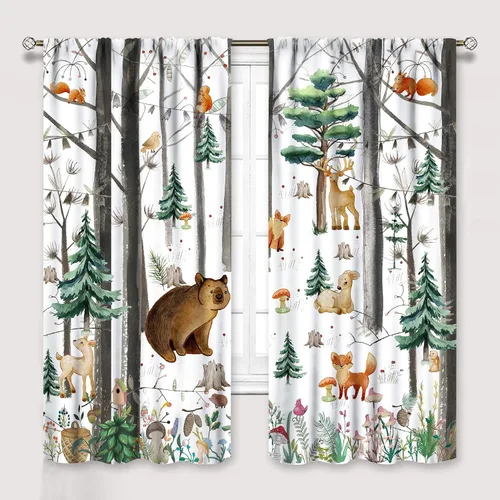 Vista 20 de YCness Cortinas para niños y niñas, diseño de animales de la selva, bosque de otoño, dibujos animados, ciervos, conejos, zorros, búhos, cortinas
