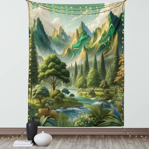 Vista 82 de Ambesonne Tapiz hippie, abrazo de hongos de ensueño y árbol de la vida místico y mandal verde, decoración de tela para colgar en la pared