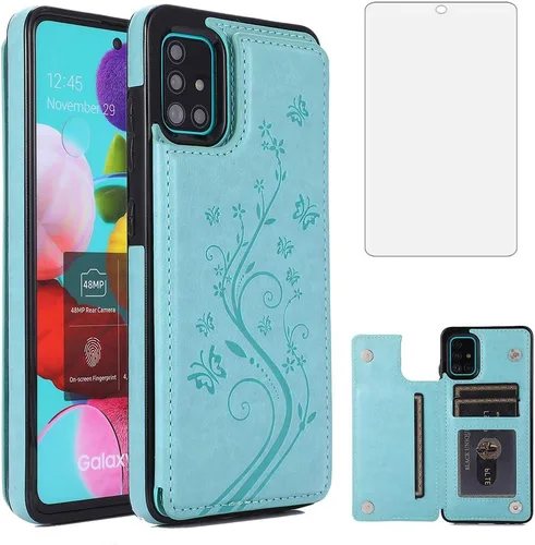 Vista 13 de Funda de teléfono para Samsung Galaxy A51 4G con protector de pantalla de vidrio templado y tarjetero con soporte para tarjetero, accesorios de Negro