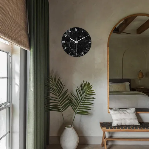 Vista 3 de Relojes de pared minimalistas negros para sala de estar, relojes de pared con patrón de mármol de vidrio, funciona con pilas, reloj de pared