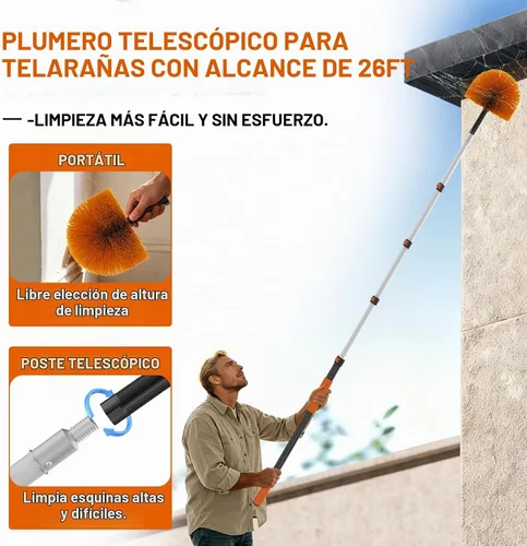 Vista 2 de Buyplus Plumero de telaraña de alcance de 26 pies, cepillo limpiador de telaraña para exteriores con poste de extensión profesional de 5 a 20 pies