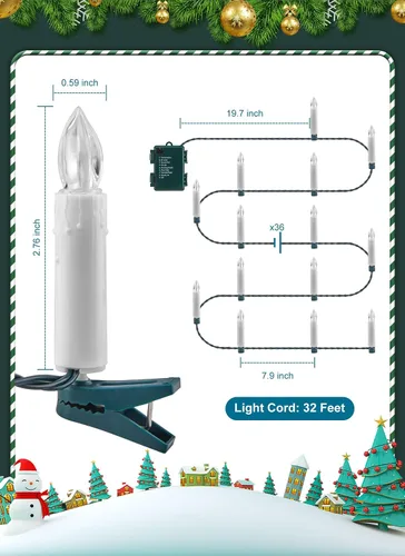 Vista 7 de Minetom Velas de Árbol de Navidad de 50 LED a Batería, Luces sin Llama de 48 Pies con Clip con 8 Modos, Cadena Blanca Cálida Impermeable