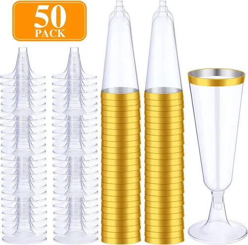 Vista 3 de Thenshop 50 copas de champán de plástico desechables a granel de 5.5 onzas, copas de cóctel de mimosa transparente con borde, vasos desmontables