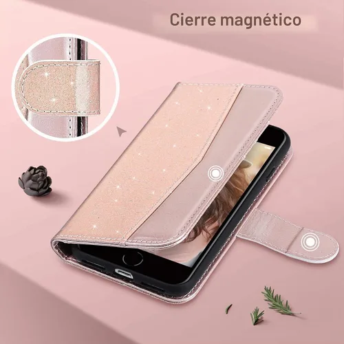 Vista 7 de ULAK Funda tipo cartera para iPhone SE (2022)/SE (2020)/8/7, tarjetero con Brillo