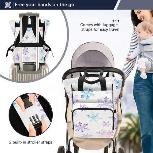 Vista 4 de Mochila para pañales con estampado de copos de nieve, bolsa de nailon impermeable multifunción con bolsillos aislados para botellas, bolsa de viaje