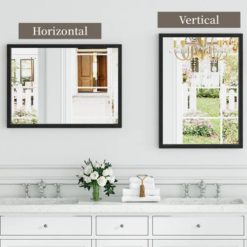 Vista 5 de Syndra Espejo de baño con marco de madera negra, 22 x 30 pulgadas, moderno espejo de tocador para pared, marco delgado y profundo impermeable Negro