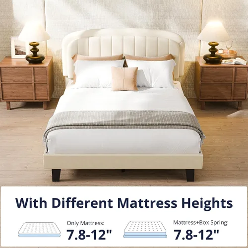 Vista 4 de Cozy Castle Base de cama tamaño Full, plataforma tapizada con cabecera curvada ajustable de terciopelo, base de colchón con listones de madera Crema
