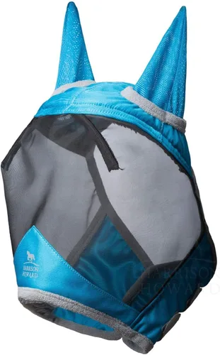 Vista 147 de Harrison Howard Máscara de mosca de caballo luminosa profesional estándar con orejas protección UV para caballo, azul y plateado, pequeño poni Azul