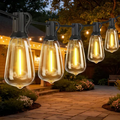 Vista 14 de Guirnalda de luces para exteriores de 25 pies, luces impermeables para patio con bombillas Edison ST38 vintage inastillables, luces colgantes