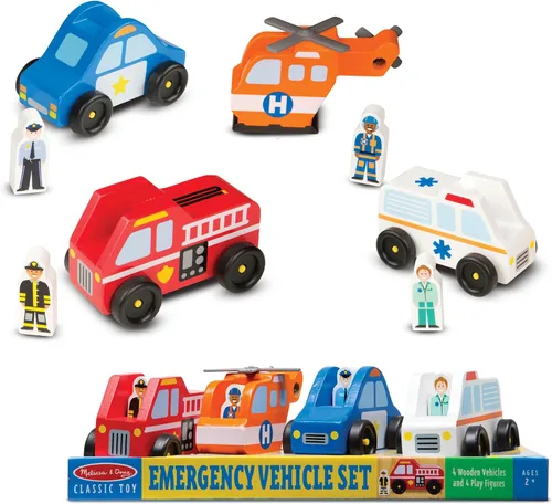 Vista 8 de Melissa & Doug – Juego de vehículos de emergencias de madera con 4 vehículos, 4 figuras de juego