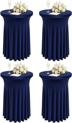 Vista 9 de Paquete de 4 faldas redondas de elastano de 32 x 43 pulgadas para mesa de cóctel con cortinas onduladas, mantel de cóctel elástico, mesas altas Negro