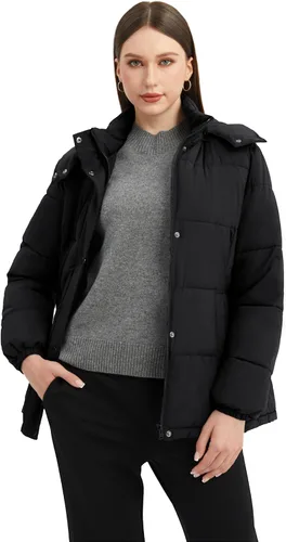 Vista 3 de wantdo Chaqueta acolchada para mujer, abrigo de invierno ligero con capucha extraíble Negro