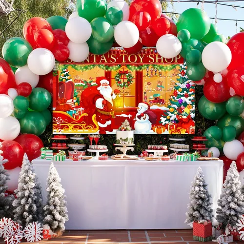 Vista 5 de Avezano Telón de fondo de Navidad, pancarta roja de la tienda de juguetes de Santa para fotografía, fondo de tienda de Navidad, decoración